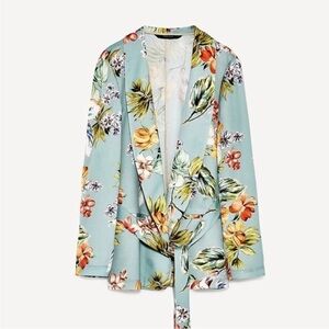 ZARA Floral Blazer Jacket with Lapel Collar and Self Tie Belt